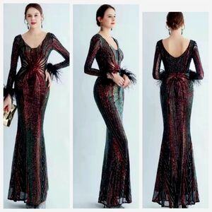 Red and Black Long Sleeve Scoop Neck Wedding Gown